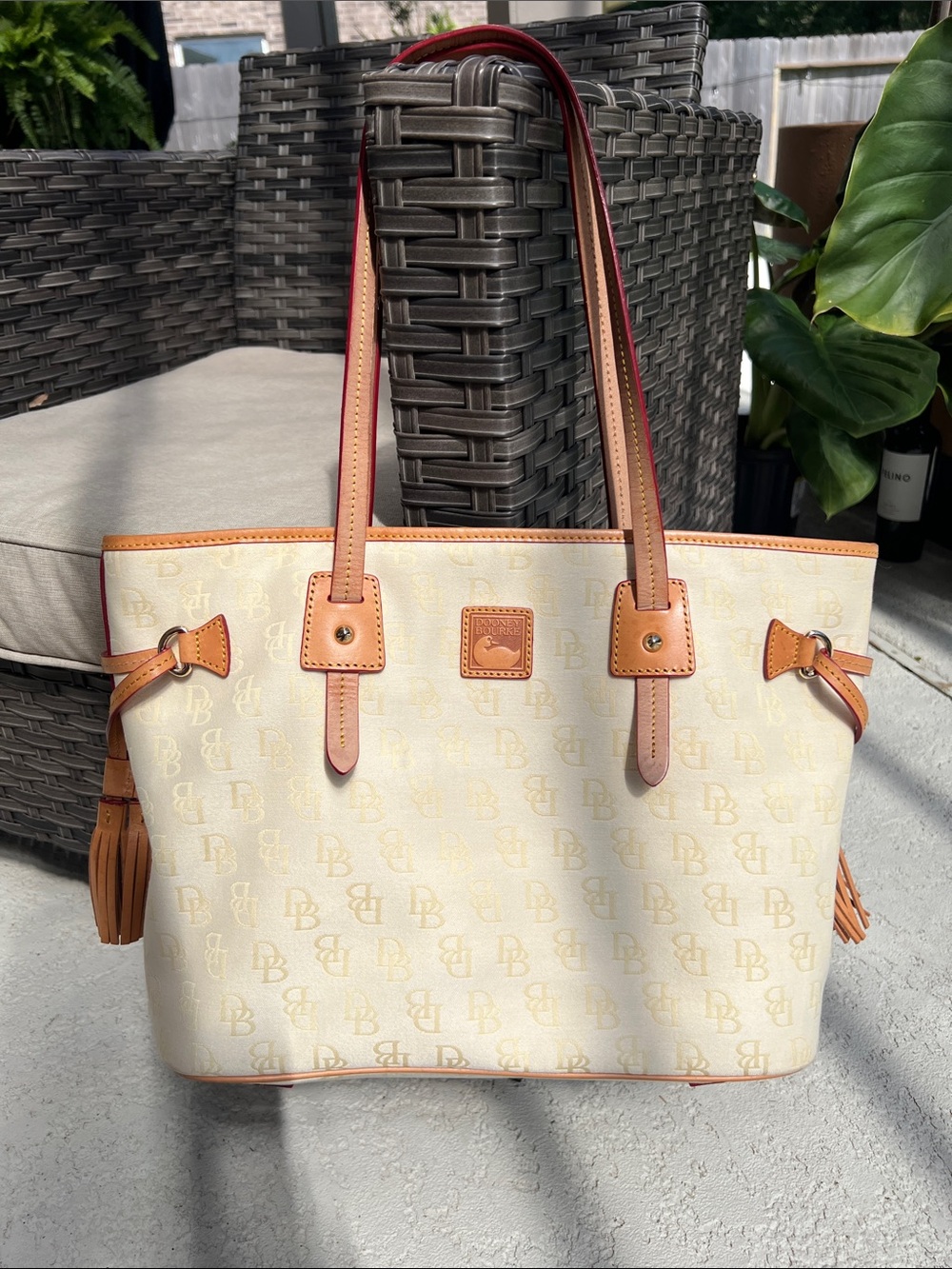 Dooney & Bourke Cream Tote with Tan Trim and Tassels